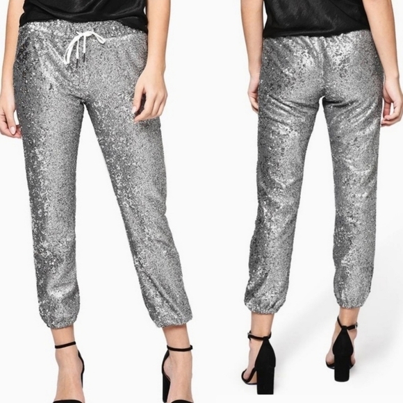 David Lerner Sequin Silver Lounge Jogger Pants Beyoncé/Taylor Swift Style New XS - Picture 1 of 12